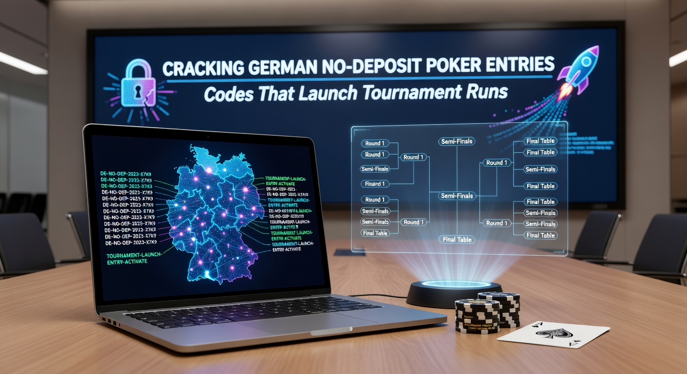 Deutscher Poker-Spieler am Laptop, der einen No-Deposit-Code eingibt und ein Turnierticket erhält